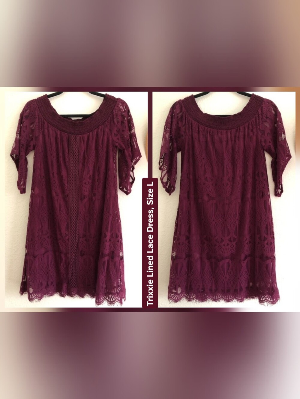 Trixxie Burgundy Mini Dress with Lining & Lace Overlay, Size L (10/12)